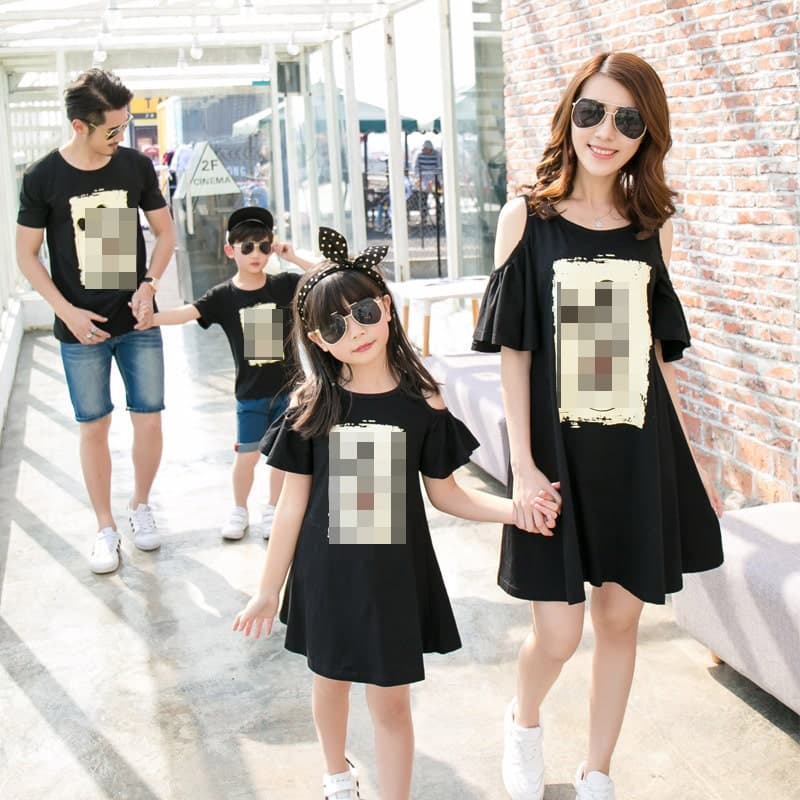 親子ペアルック/お揃い 黒色 ロゴTシャツ