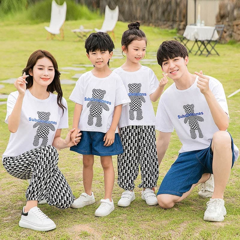 親子ペアルック/お揃い クマTシャツ チェック柄パンツ
