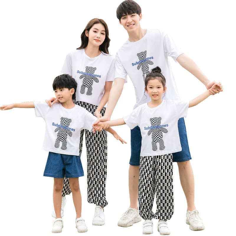 親子ペアルック/お揃い クマTシャツ チェック柄パンツ